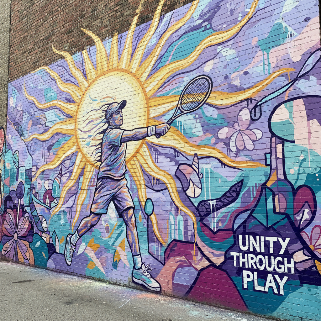 Colorful community mural on brick wall with tennis player and sun