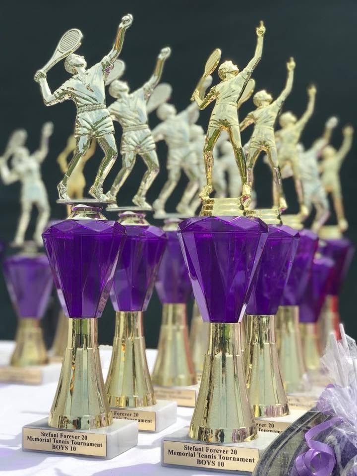 Stefani Forever 20 Memorial Tennis Tournament purple crystal trophies
