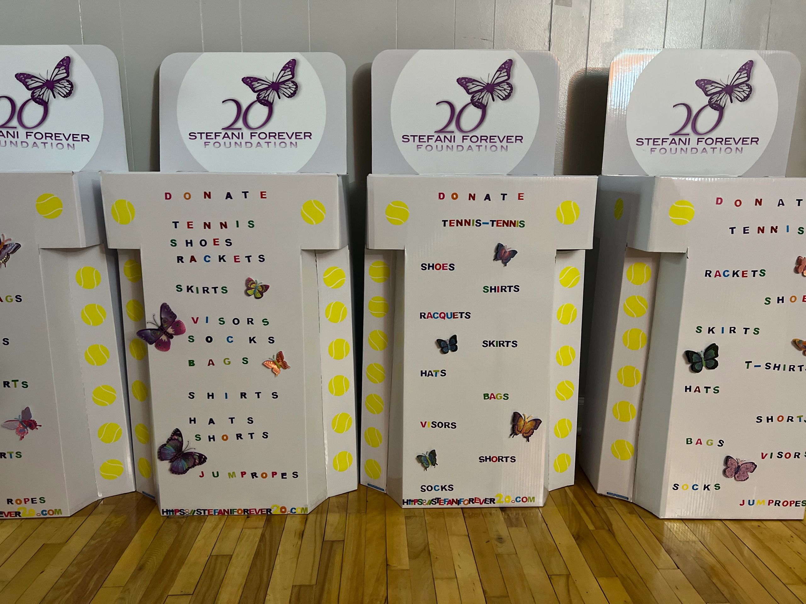 Stefani Forever Foundation donation boxes with tennis gear